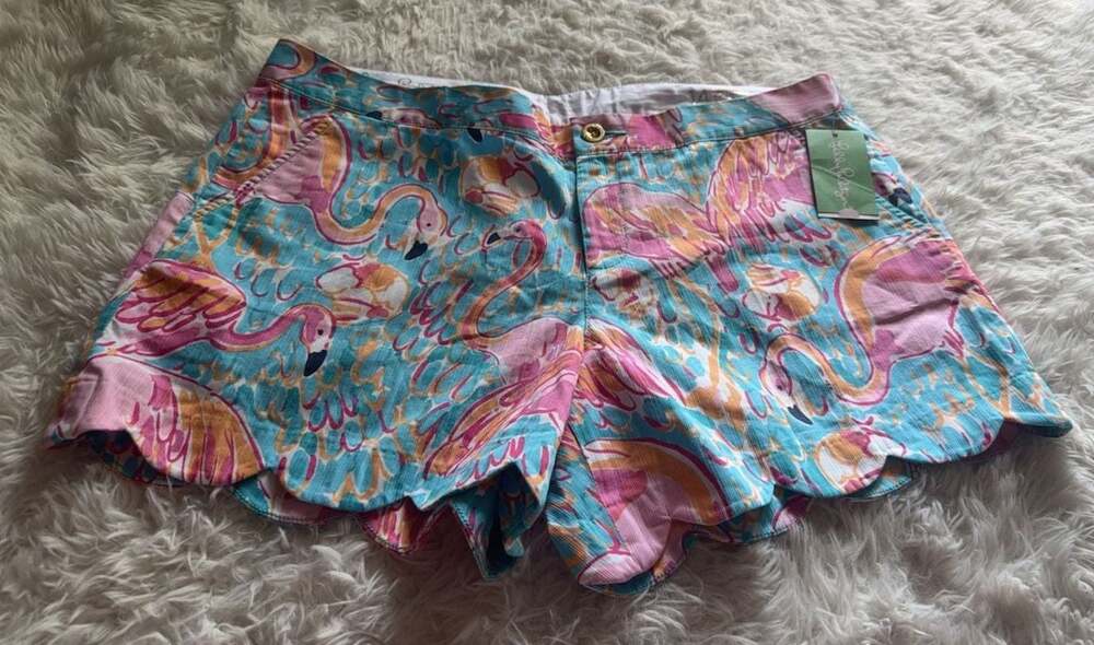 Lilly Pulitzer Buttercup Scalloped Shorts Peel and Eat Flamingo Print Size 14